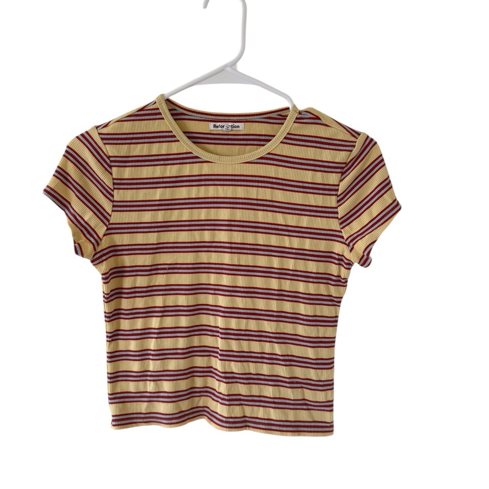 Reformation Yellow and Burgundy Striped Rib Knit Tee
